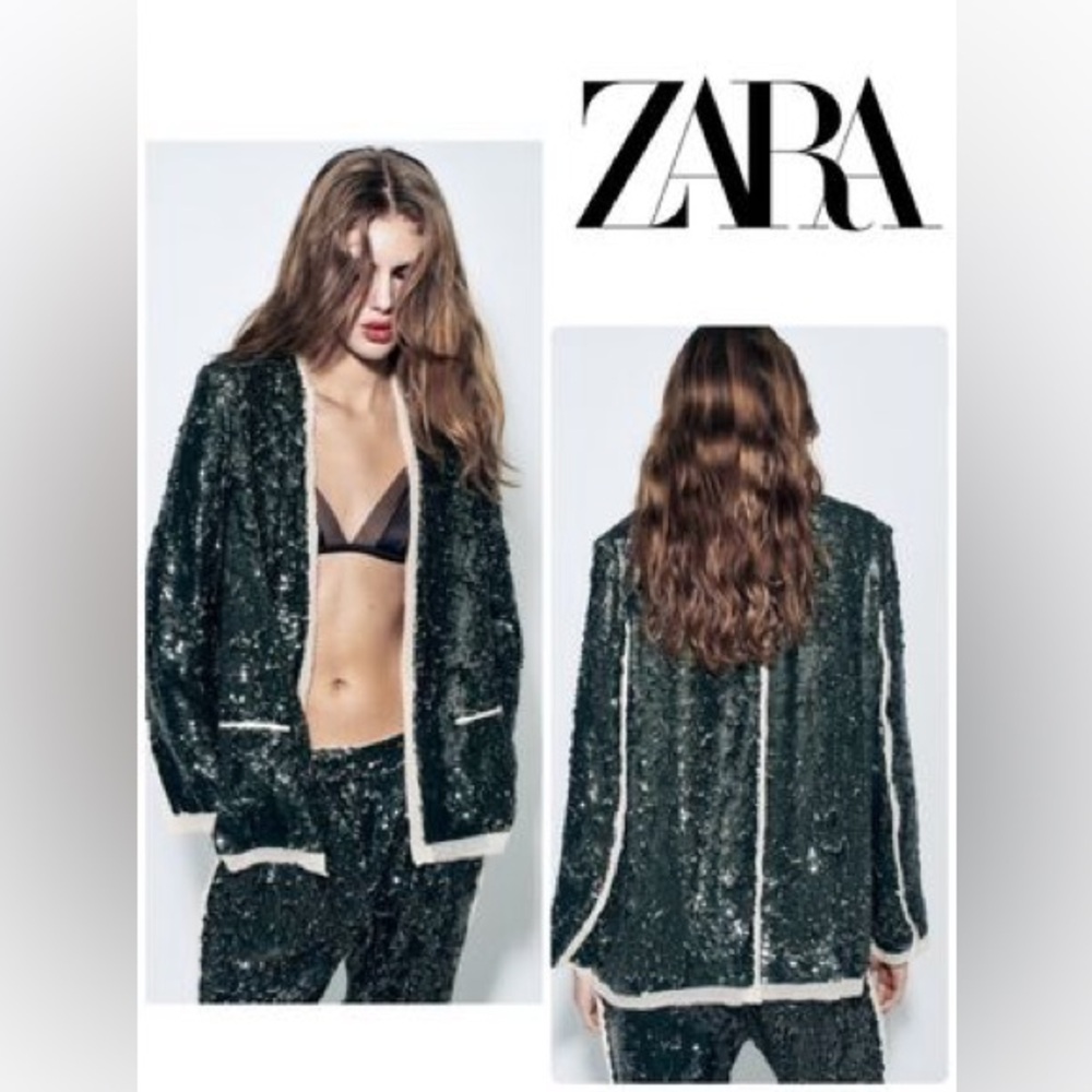ZARA NEW WOMAN ZW COLLECTION SEQUIN BLAZER GREEN SIZE XS 3736/319